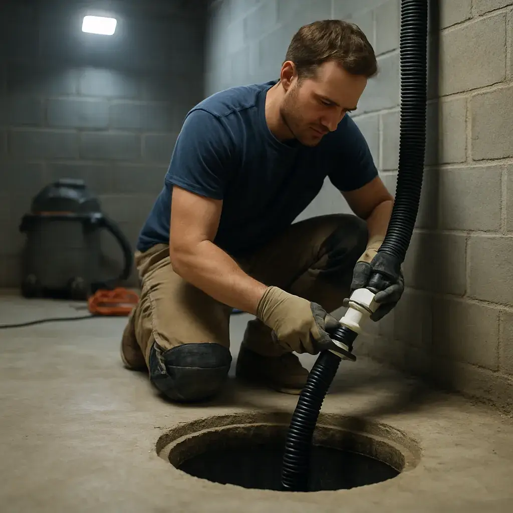 Technician installing sump pump basin in Sunnyvale basement crawlspace floor