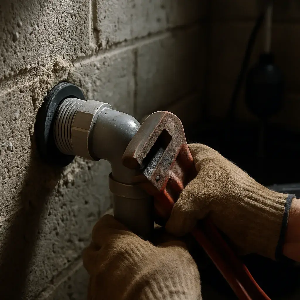 sump-pump-discharge-pipe-fitting-sunnyvale Hands tightening PVC discharge pipe fitting during sump pump installation Sunnyvale