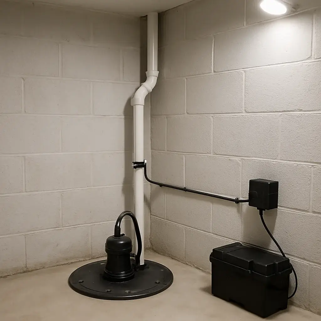 sump-pump-installation-completed-battery-backup-sunnyvale Completed sump pump system with battery backup installed in Sunnyvale basement