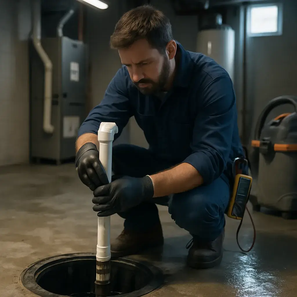 Technician repairing sump pump pit during HVAC service call in Sunnyvale basement