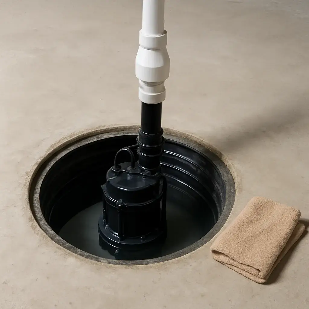 sump-pump-repair-completed-check-valve-sunnyvale Repaired sump pump with new check valve installed in Sunnyvale home basement