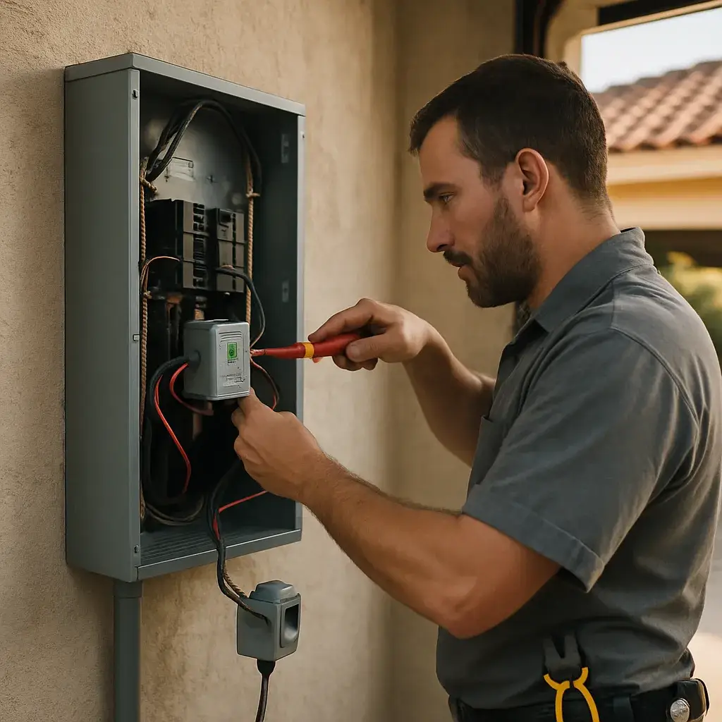 Technician installing whole-home surge protector inside electrical panel in Sunnyvale home