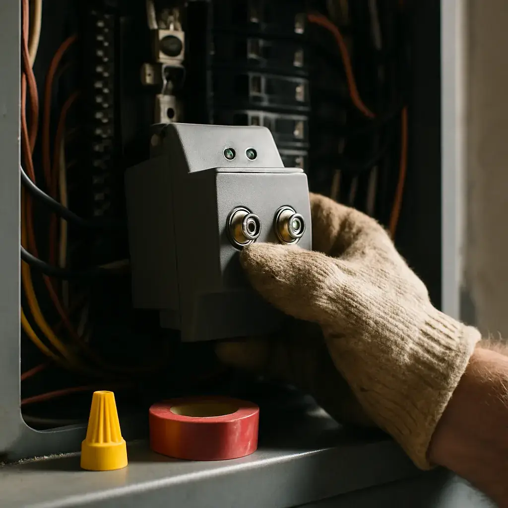Close-up of surge protector wired to breaker panel during Sunnyvale installation