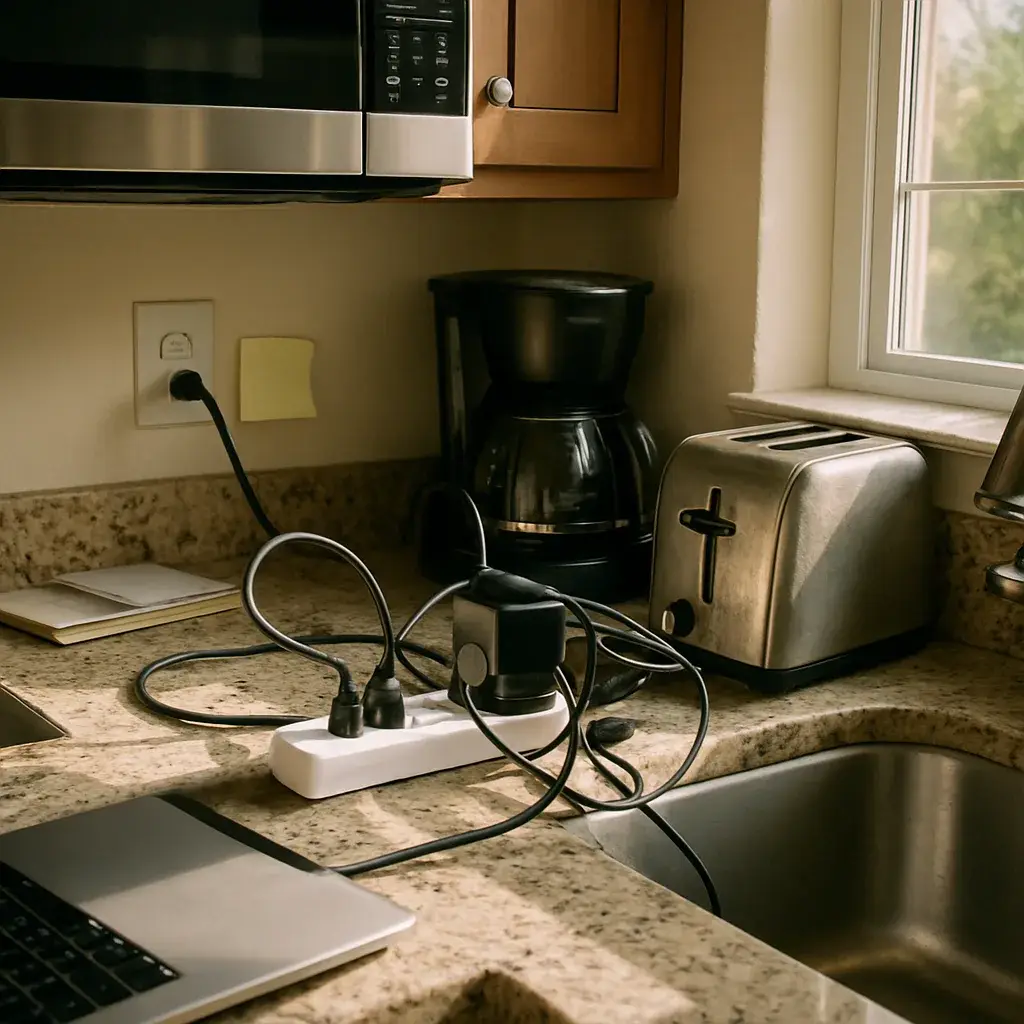 Kitchen outlet with power strip showing point-of-use surge protection in Sunnyvale home
