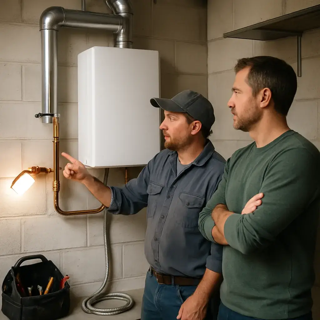 Installer explains tankless water heater installation cost factors to homeowner in Sunnyvale garage