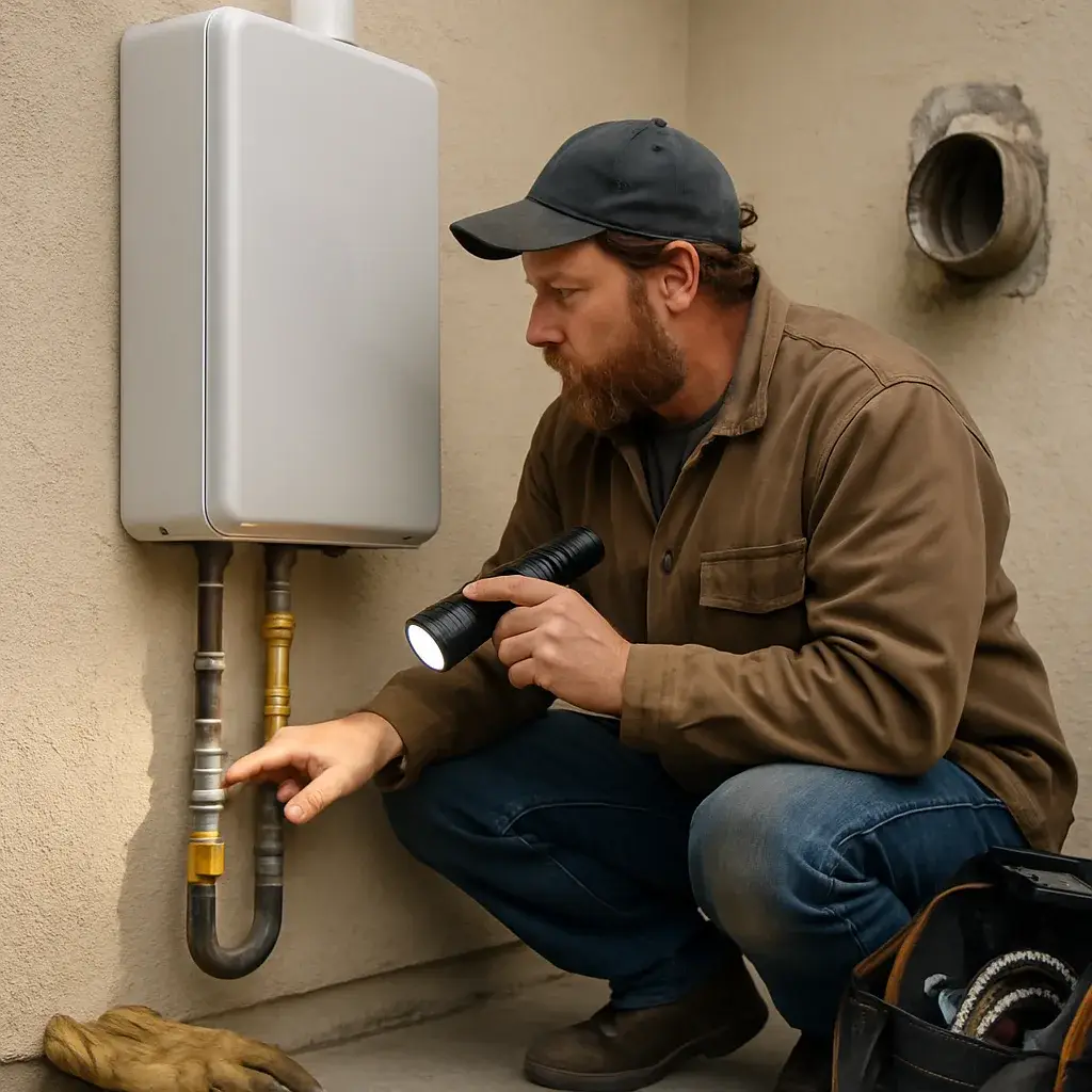 Contractor inspecting gas line and venting for tankless water heater installation in Sunnyvale