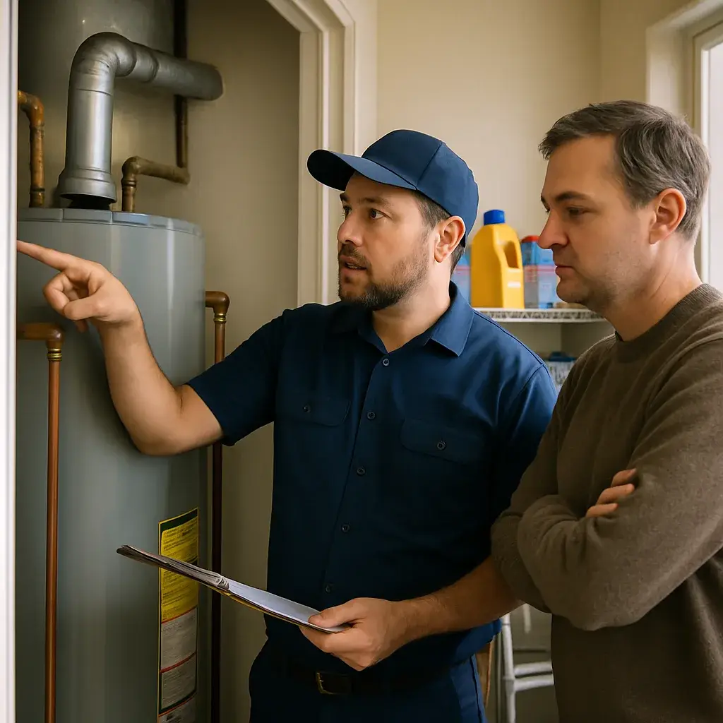 Contractor explains tankless water heater fit issue to Sunnyvale homeowner in utility closet
