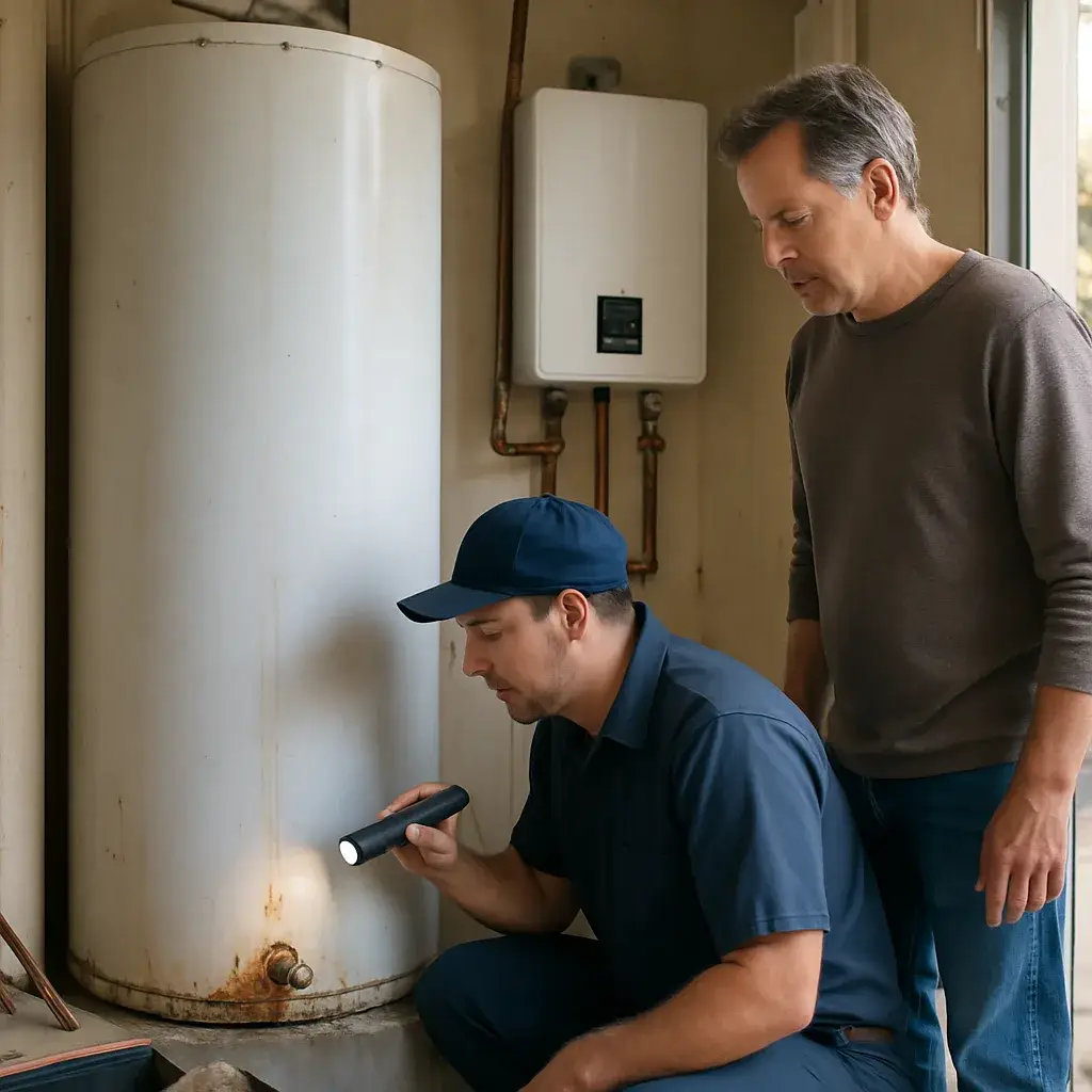 Technician compares old tank water heater to new tankless unit in Sunnyvale home