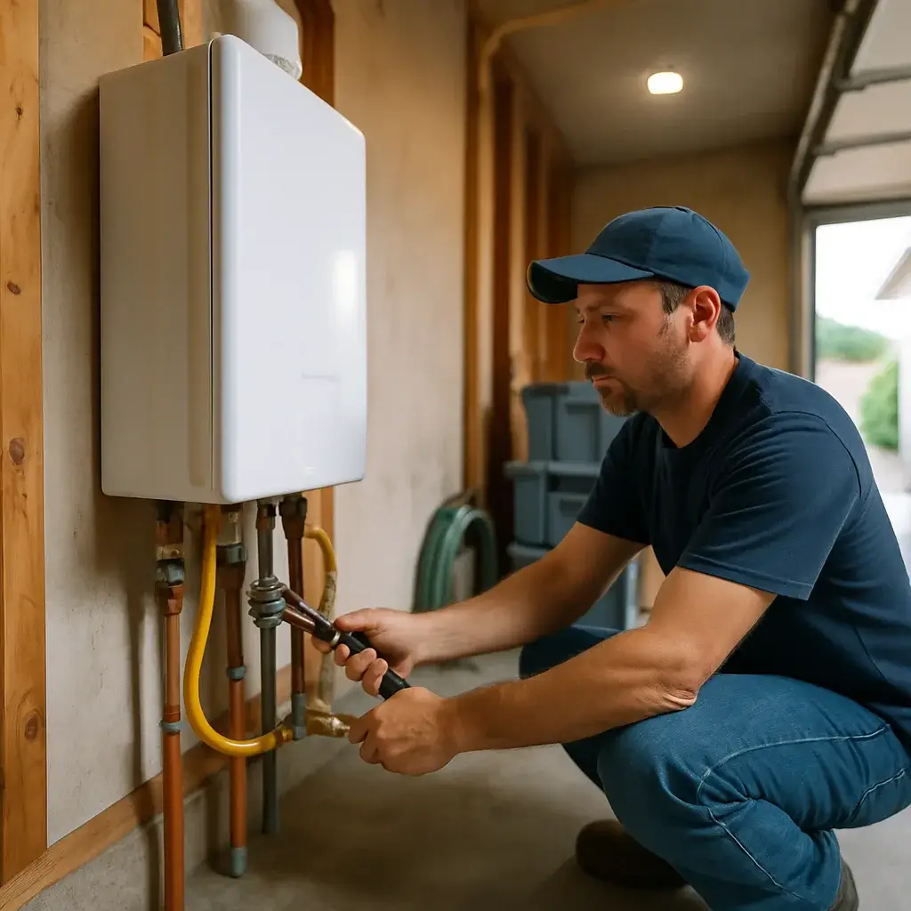 Technician installs tankless water heater on garage wall in Sunnyvale home