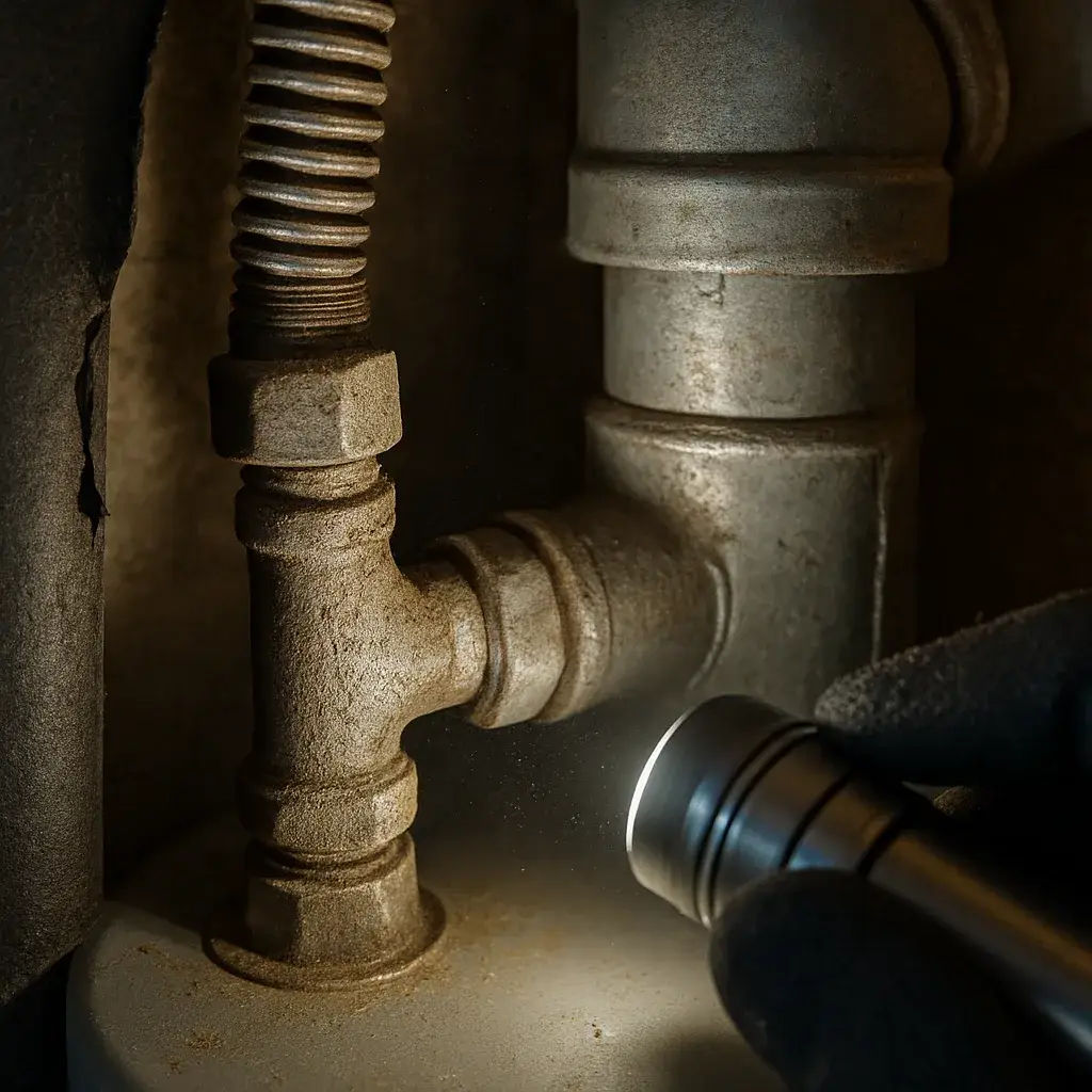 tankless-water-heater-installation-gas-line-venting-condition-closeup Corroded gas fitting and vent pipe reveal why tankless water heater install may not fit