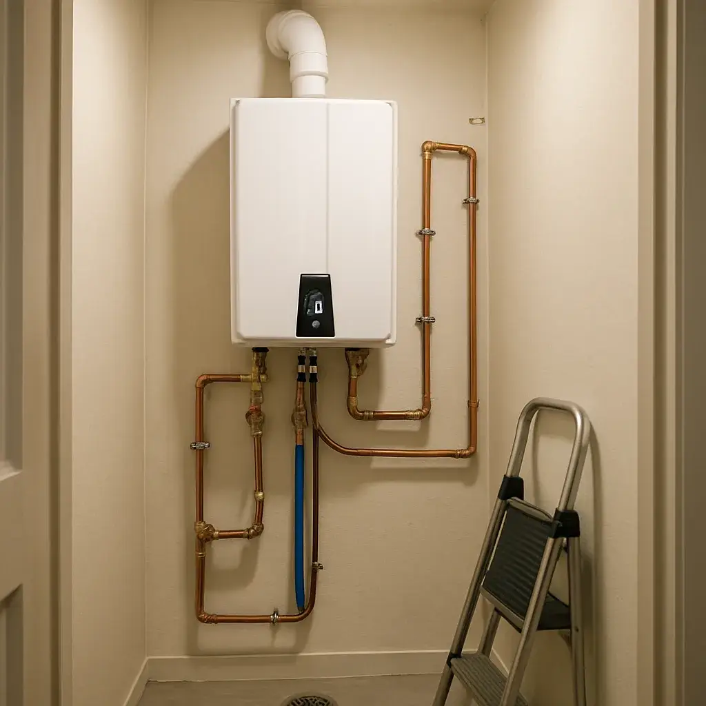 tankless-water-heater-completed-install-utility-closet-sunnyvale Completed tankless water heater installed in Sunnyvale home utility closet