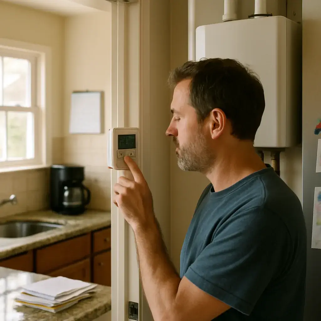 tankless-water-heater-homeowner-control-panel-sunnyvale Homeowner adjusts tankless water heater control panel in Sunnyvale kitchen