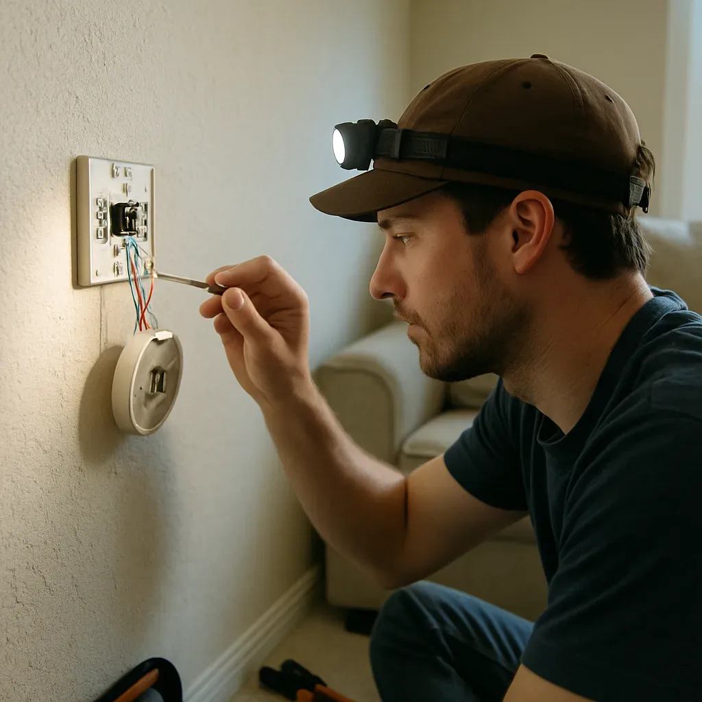 Technician rewiring a thermostat during installation in a Sunnyvale home