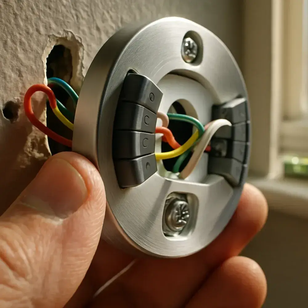 smart-thermostat-wiring-closeup-sunnyvale Close-up of hands wiring a smart thermostat during Sunnyvale installation