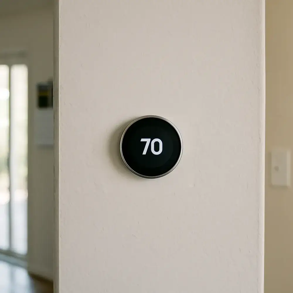 thermostat-installation-finished-result-sunnyvale Finished smart thermostat installed on wall in Sunnyvale home hallway
