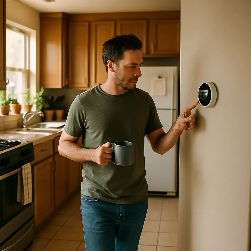 thermostat-installation-homeowner-daily-use-sunnyvale Homeowner checking thermostat display in Sunnyvale kitchen hallway morning