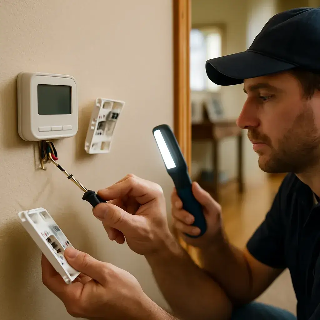 Technician repairing wall thermostat during HVAC service call in Sunnyvale home