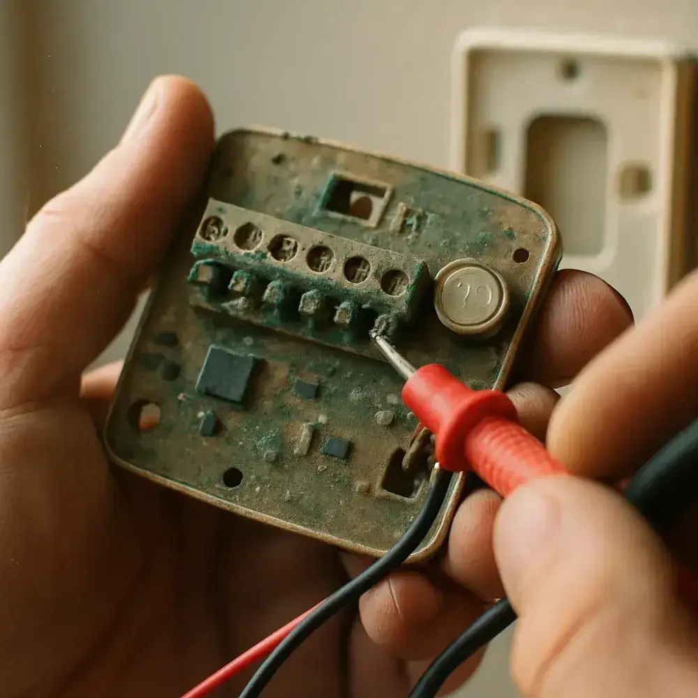 thermostat-repair-circuit-board-diagnosis-sunnyvale Close-up of corroded thermostat wiring during Sunnyvale thermostat repair diagnosis
