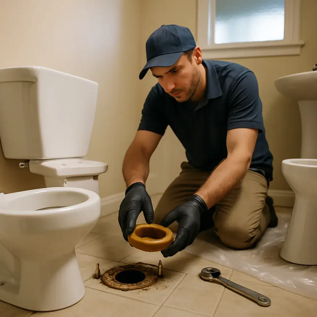 Plumber installing new toilet wax ring during toilet installation in Sunnyvale bathroom