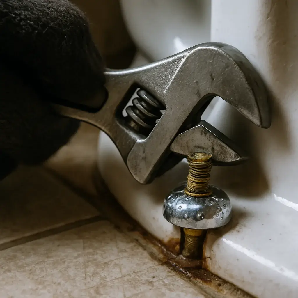 toilet-installation-bolt-tightening-detail-sunnyvale Close-up of wrench tightening toilet bolt during toilet installation service in Sunnyvale