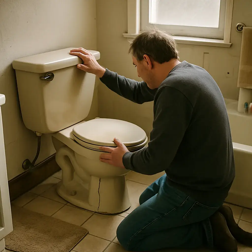 toilet-installation-wobbly-toilet-symptom-sunnyvale Homeowner noticing wobbly cracked toilet needing toilet installation in Sunnyvale home
