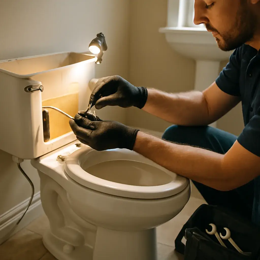 Technician repairing toilet tank flapper valve during toilet repair service in Sunnyvale home