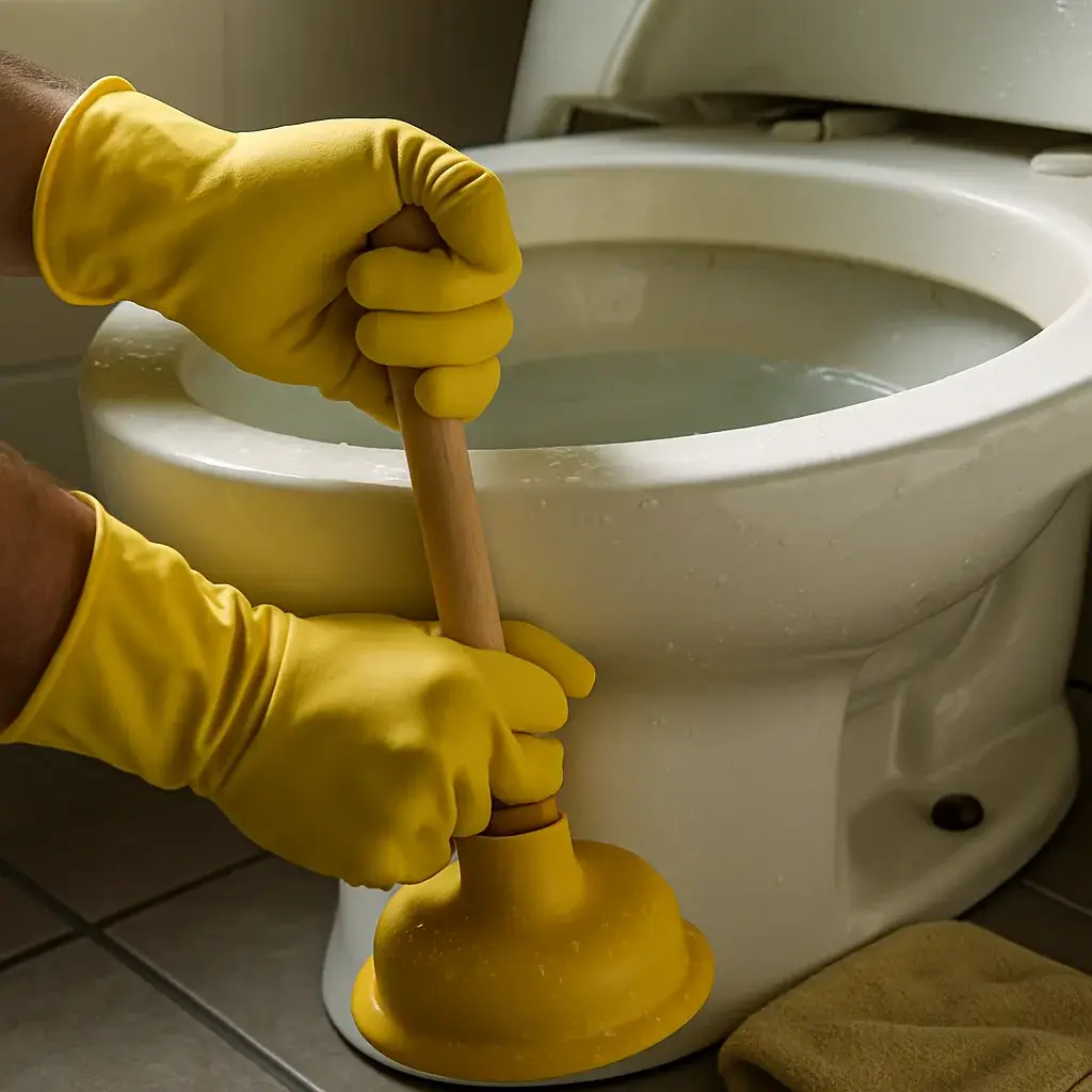 toilet-clog-plunger-technique-sunnyvale Hands using plunger on clogged toilet bowl before calling Sunnyvale toilet repair technician