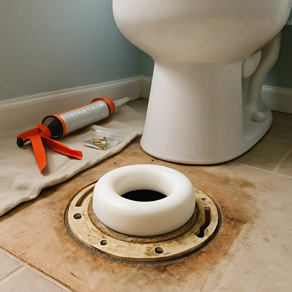 toilet-wax-ring-seal-replacement-sunnyvale New wax ring seal installed under toilet base during Sunnyvale toilet repair job