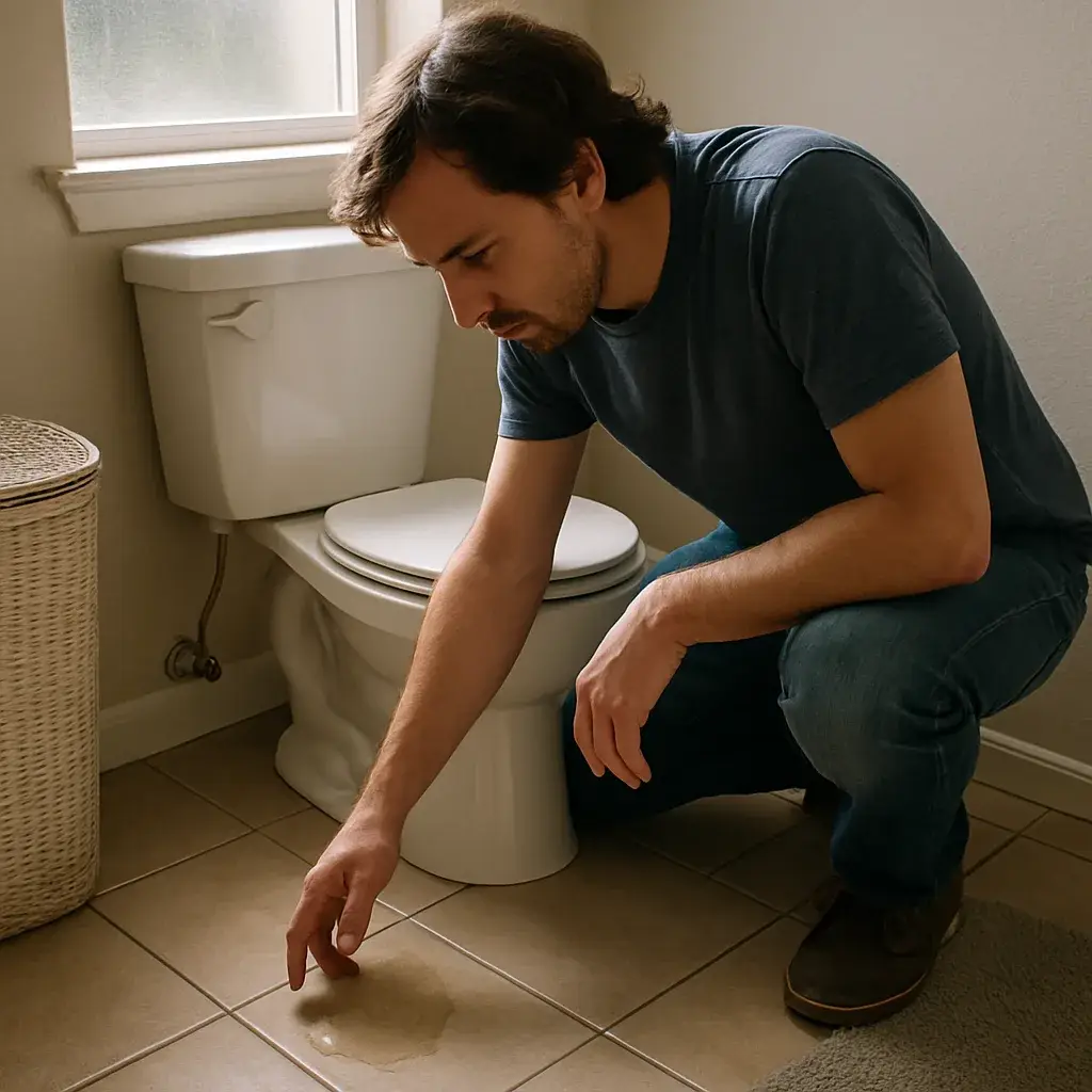toilet-leak-discovery-homeowner-sunnyvale Homeowner discovering water leak at toilet base needing Sunnyvale toilet repair service