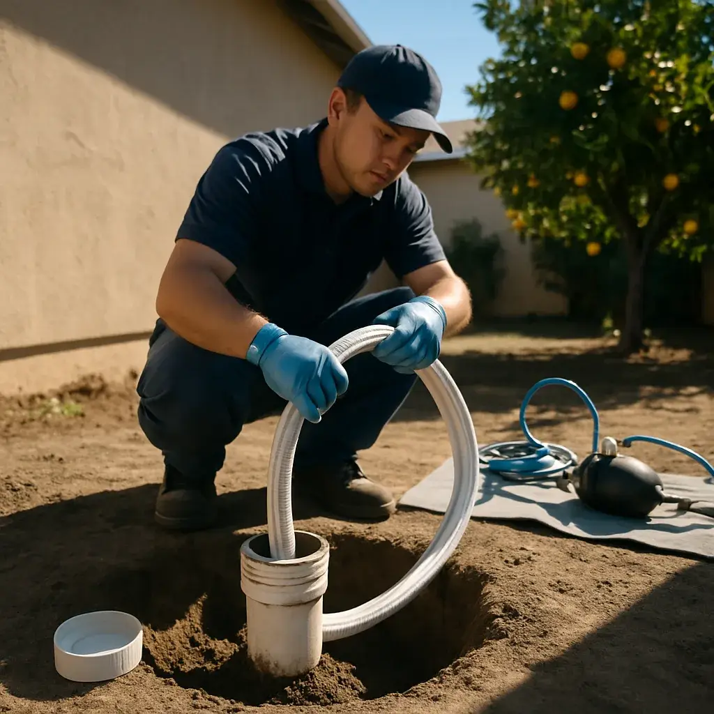 Technician feeding pipe liner into sewer cleanout during trenchless sewer repair in Sunnyvale yard
