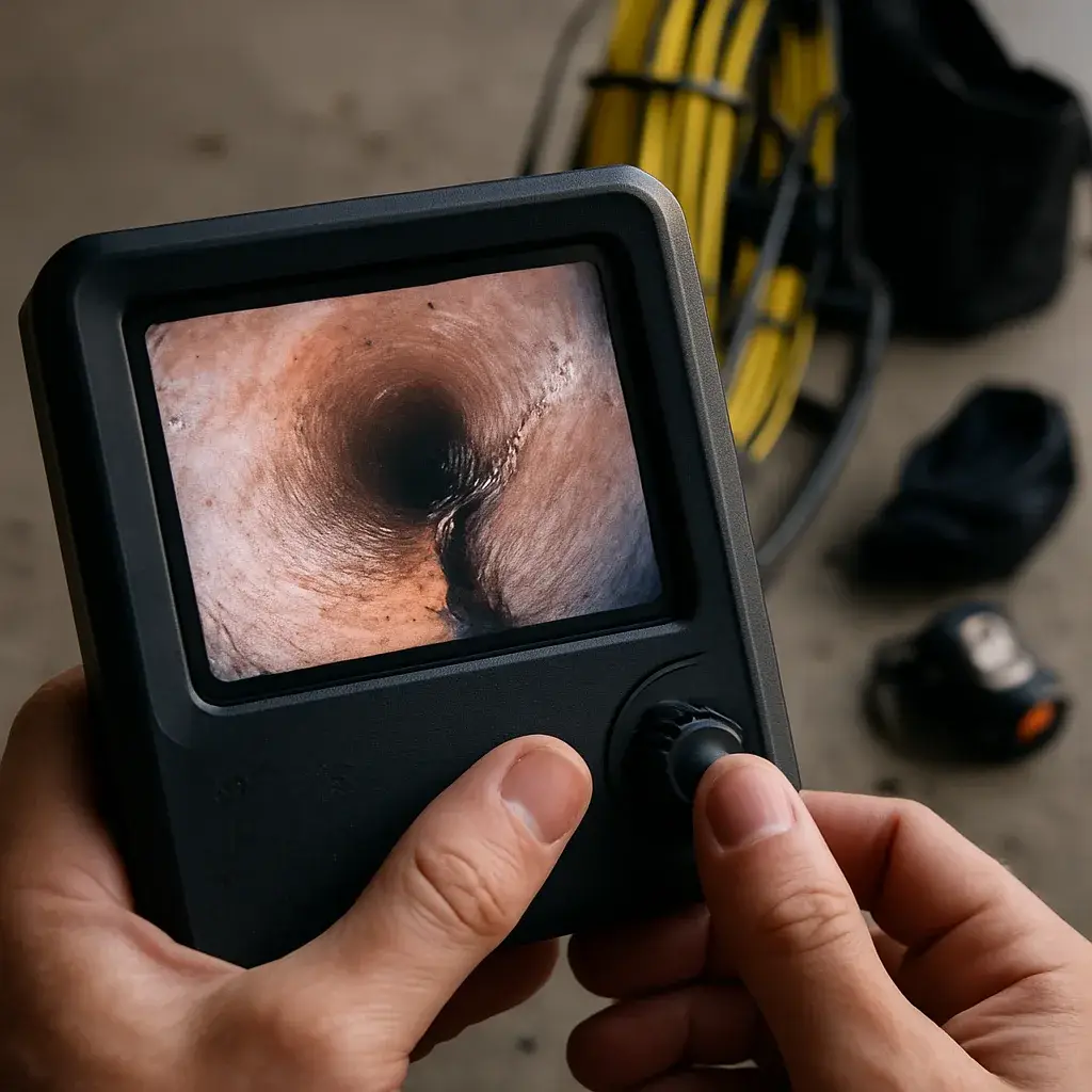 Sewer camera monitor showing cracked pipe during trenchless sewer repair inspection in Sunnyvale