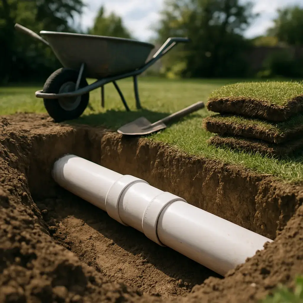 New PVC pipe installed after trenchless sewer repair pipe bursting job in Sunnyvale yard