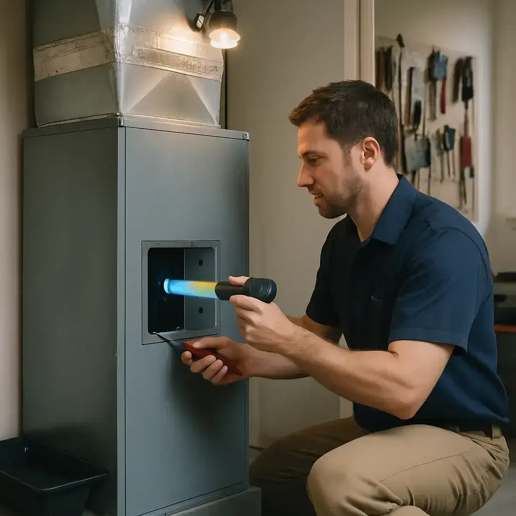Technician installing UV air purifier lamp into HVAC ductwork in Sunnyvale home
