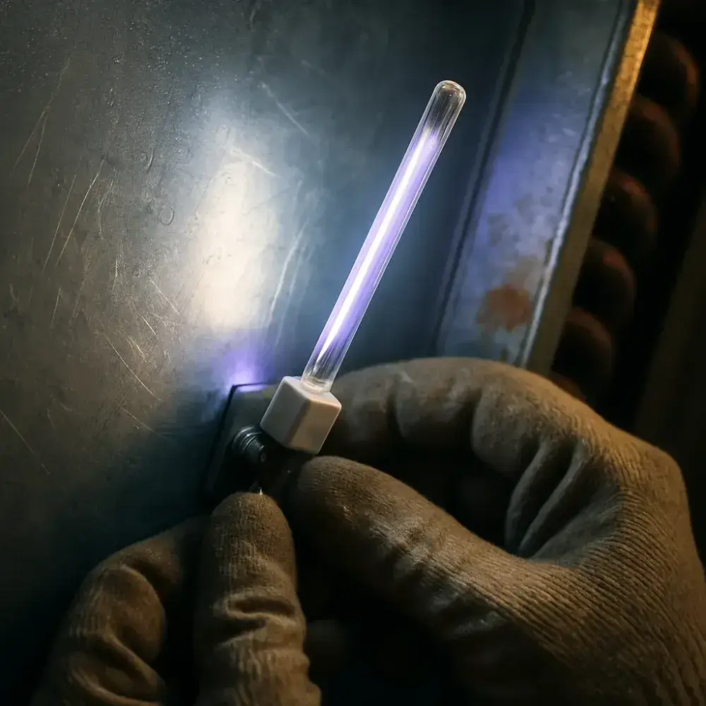 Close-up of UV lamp bracket being installed in HVAC duct near coil in Sunnyvale