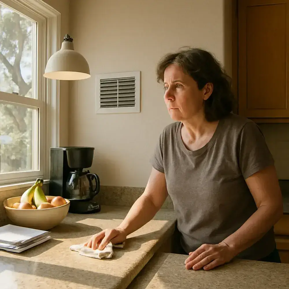 Homeowner near dusty vent register noticing air quality issue in Sunnyvale kitchen
