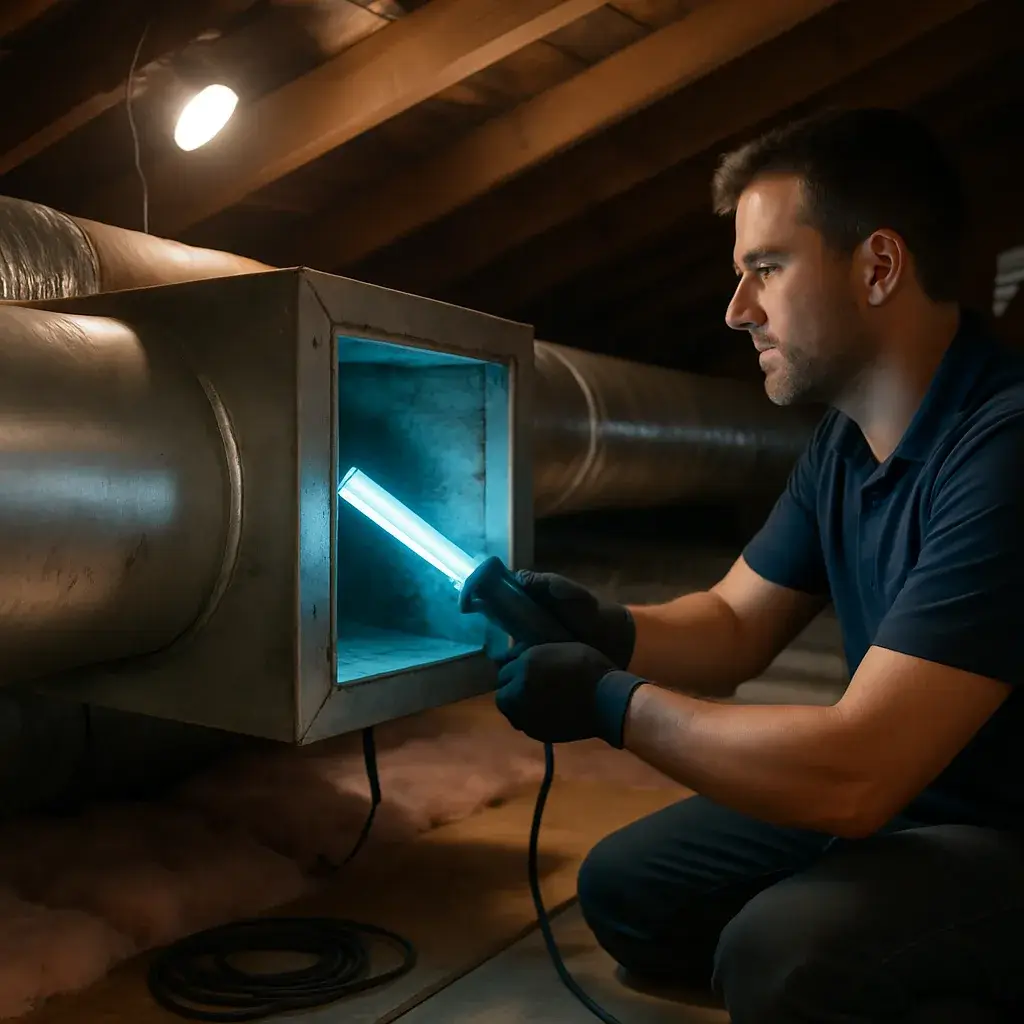 Technician installs UV-C air purification lamp in Sunnyvale attic ductwork