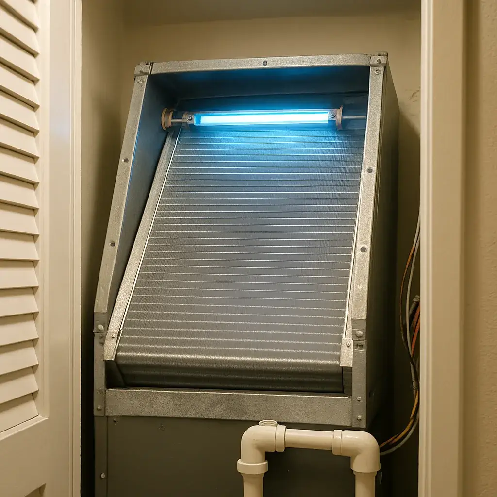 uvc-air-purification-clean-coil-result-sunnyvale Clean HVAC coil with UV-C lamp glowing after air purification install in Sunnyvale