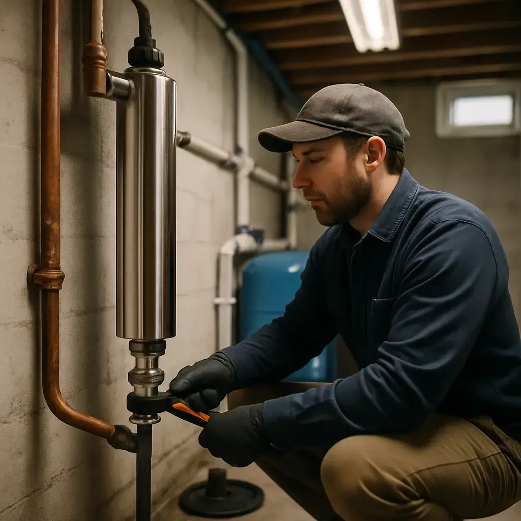 Technician installs UV water purification system in Sunnyvale well-water home
