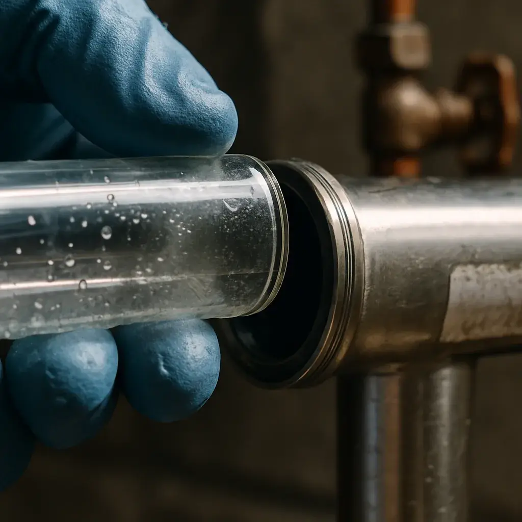 Close-up of quartz sleeve removed from UV purification unit for cleaning