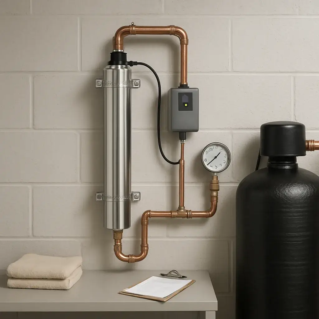 Finished UV water purification system installed beside water softener in Sunnyvale home