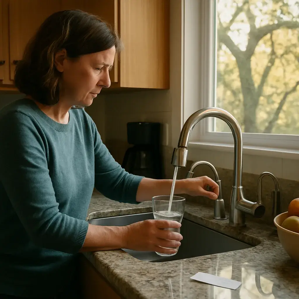 Homeowner fills glass with well water after UV purification system installed in Sunnyvale