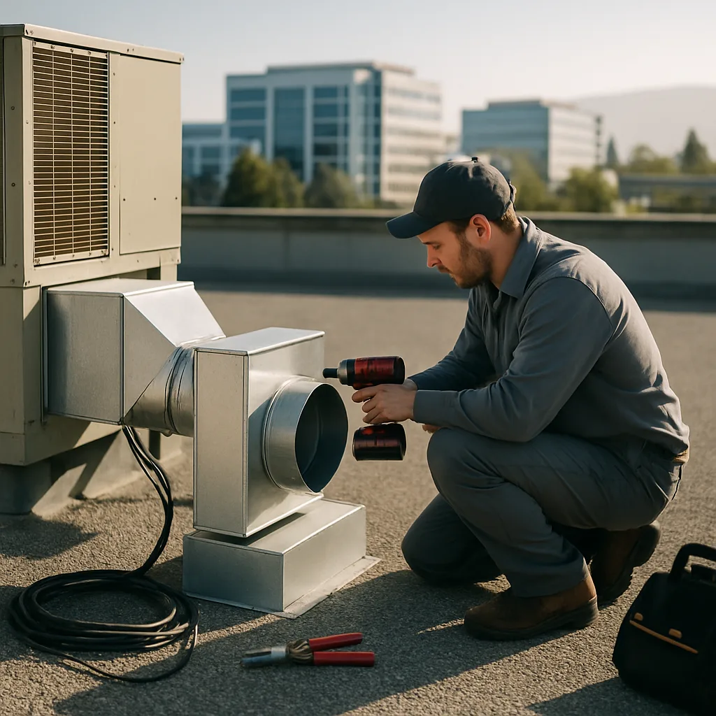 Technician installing VAV box on rooftop HVAC unit during Sunnyvale system install