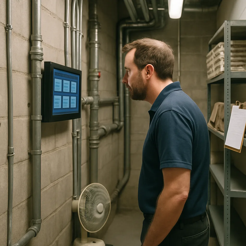 vav-zone-control-monitoring-sunnyvale-building Facility manager checking zone controls after VAV install in Sunnyvale building