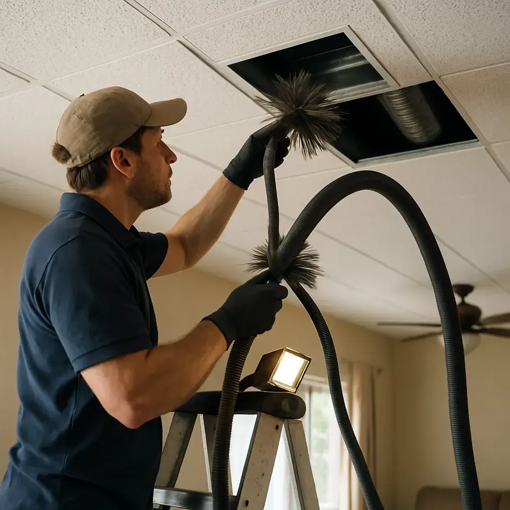 Technician cleaning ceiling vent duct opening in Sunnyvale home using rotary brush tool