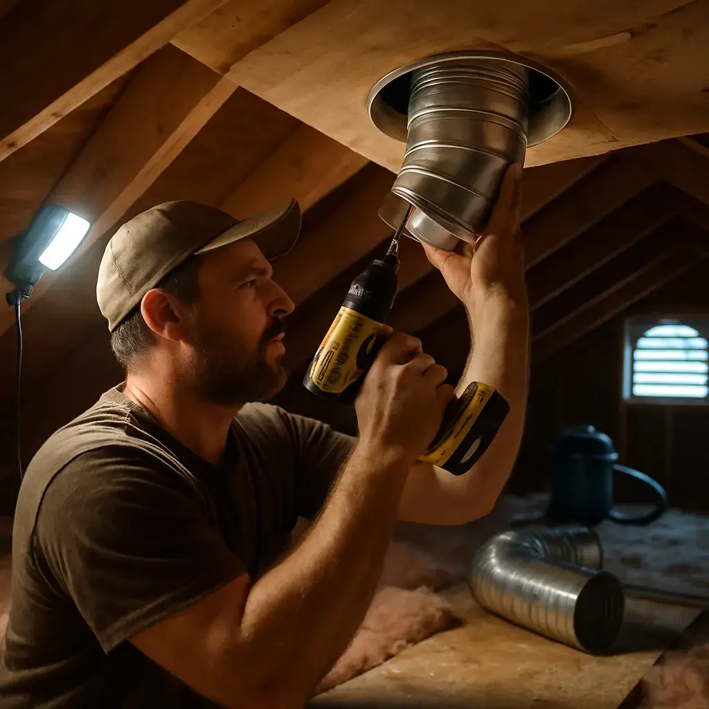 HVAC technician installing ventilated ceiling duct in Sunnyvale attic space
