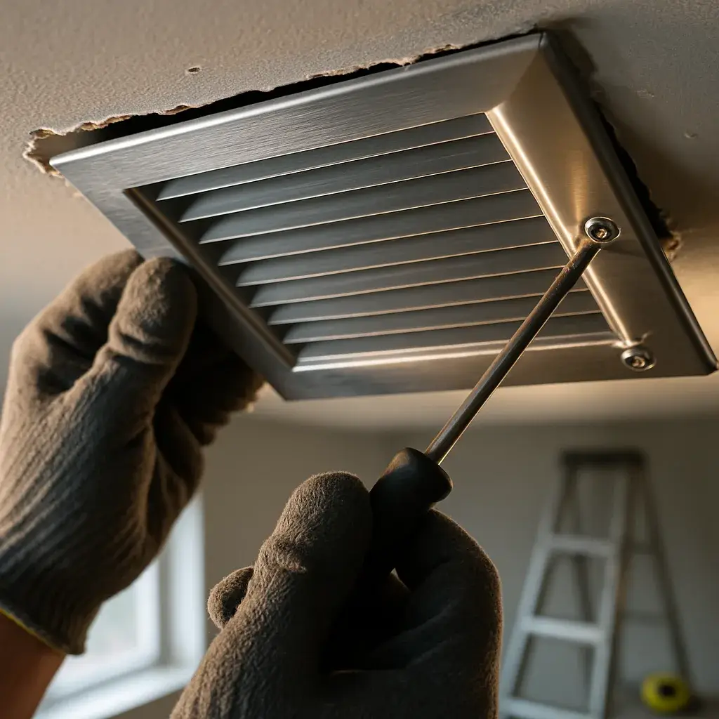 Close-up of ceiling vent register installation for Sunnyvale ventilation system