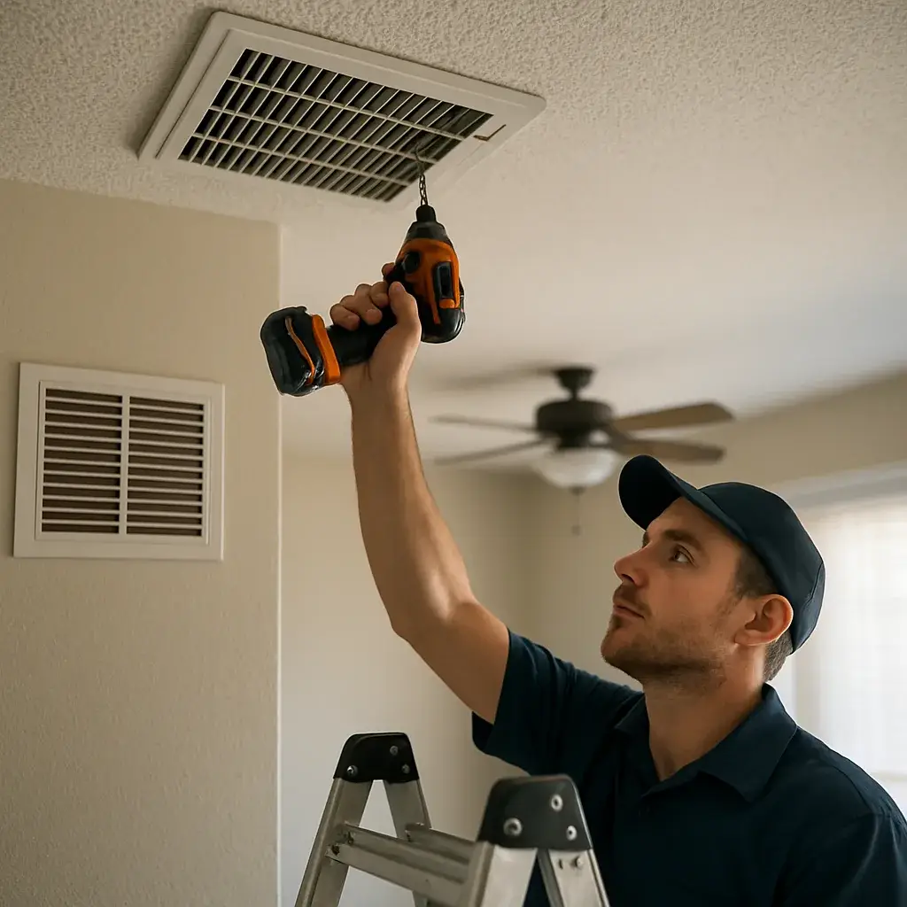 Technician removing a ceiling vent cover during Sunnyvale ceiling vent repair service