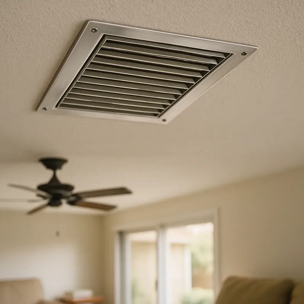 repaired-ceiling-vent-clean-louvers-sunnyvale-home Repaired ceiling vent with clean aligned louvers after Sunnyvale HVAC service visit