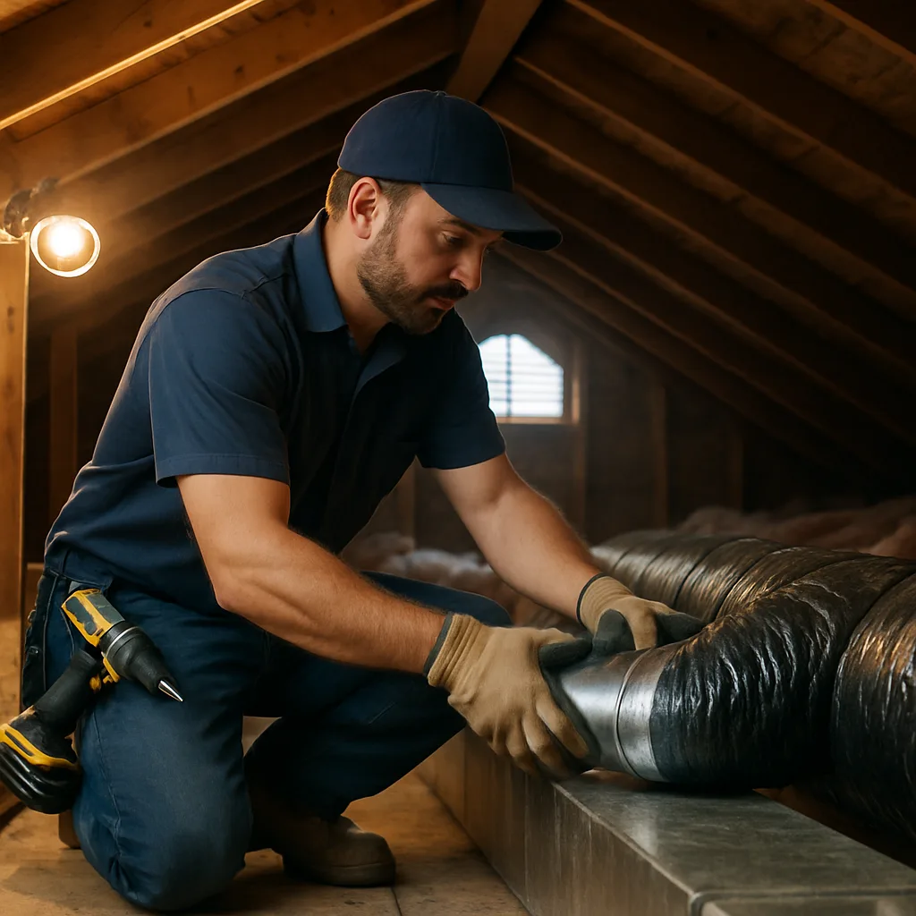 HVAC technician installing new attic ductwork during ventilation system installation in Sunnyvale
