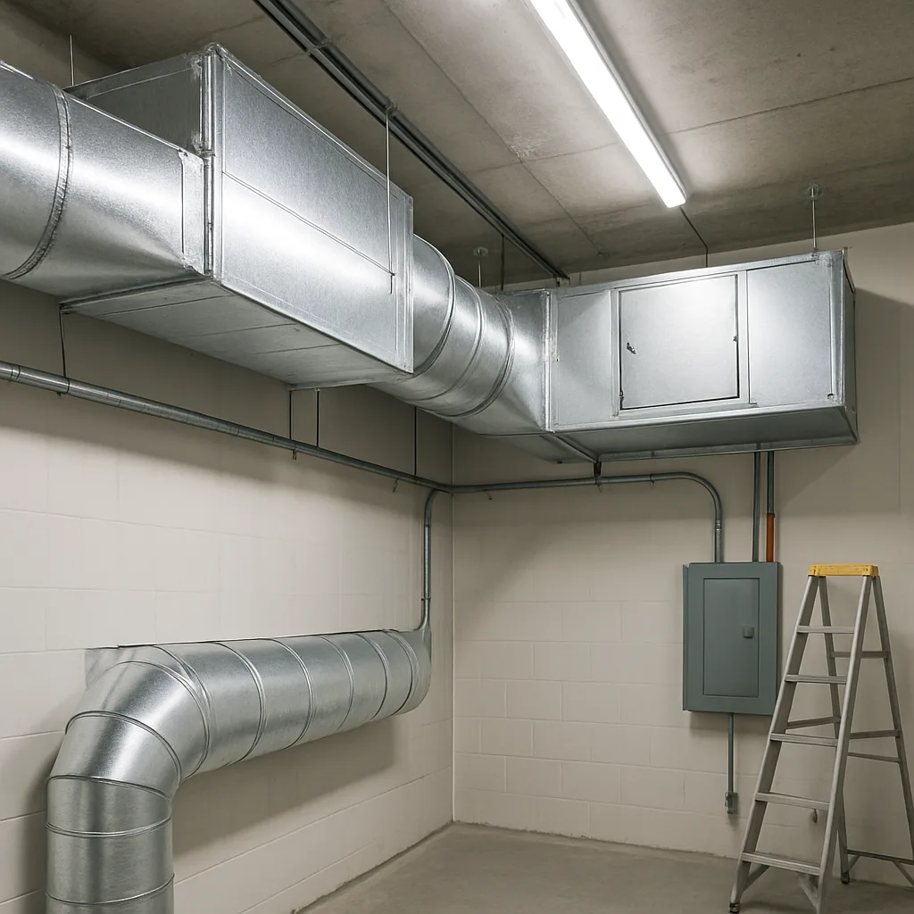 ventilation-system-installation-finished-ductwork-sunnyvale Completed ductwork after ventilation system installation in a Sunnyvale commercial building